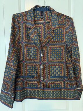 Zara Navy Shirt Jacket with Mustard & Burgundy Geometric Print
